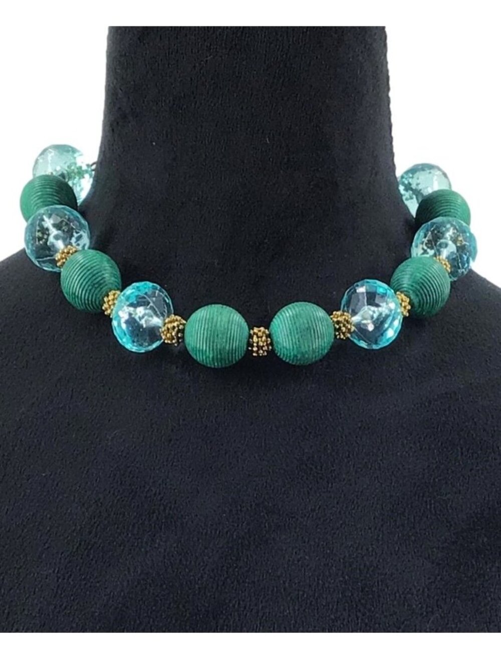 Chunky Beaded Necklace Costal Style Blue Teal Silver Tone Adjustable Length